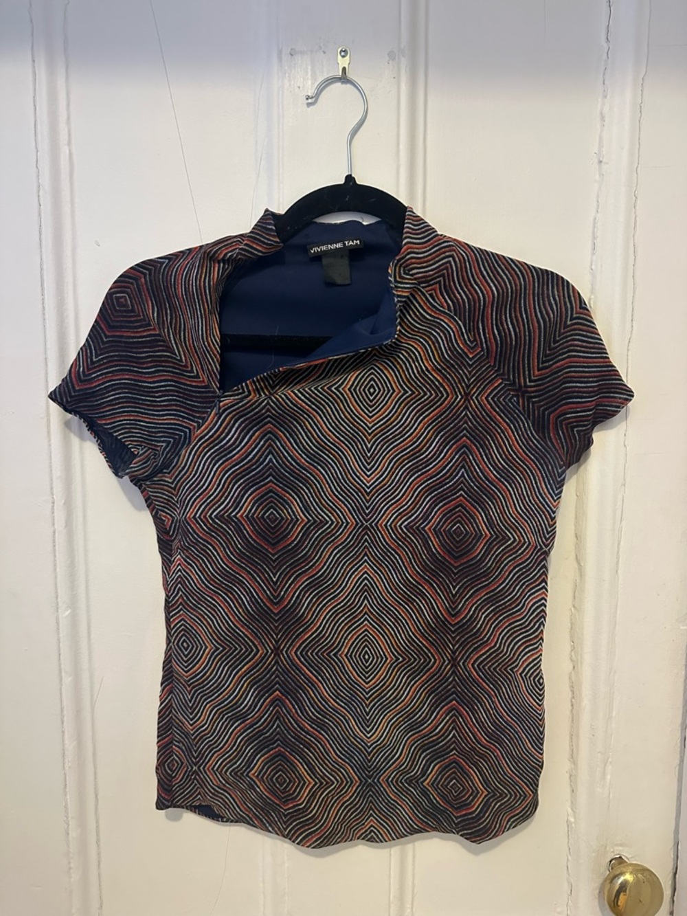 Vintage Vivienne Tam Navy Red Geometric pattern Short Sleeve high neck top